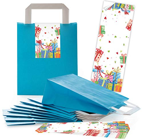 Logbuch-Verlag 10 Geschenktüten blau türkis mit 10 Geschenkaufklebern bunt mit Herzen Geschenkverpackung Geburtstag Kindergeburtstag Weihnachten Mitgebseltüte