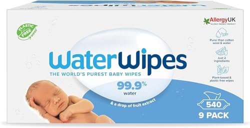 WaterWipes Original Baby Wipes, 540 Pezzi (9 Confezioni), 99,9% Acqua, Senza Profumo, per Pelli Sensibili, la confezione può variare