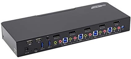 gofanco Prophecy 4-Port DisplayPort 1.2 USB KVM Switch – 4K @60Hz 4:4:4, 21.6Gbps, HDCP 1.3, USB Keyboard/Mouse, USB 3.0 Hub, MIC in, Stereo Out, Hotkeys, TAA Compliant (PRO-KVMDP-4Pv2)