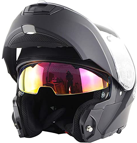Klappbarer Modularer Motorradhelm Mit Doppelvisier, DOT/ECE-Zulassung Klappbarer Modularer Motorradhelm Modularer Integralhelm Für Herren Damen Erwachsene, Großer Weitwinkel Matte Black 2,3XL