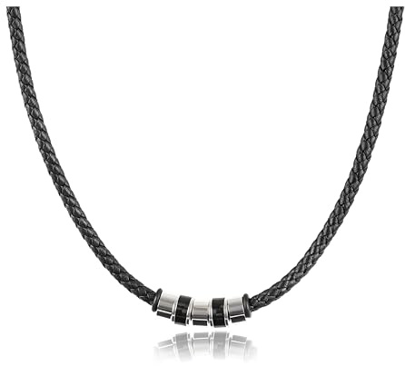 David Galvani Collana da uomo con ciondolo a perla in acciaio inox, collana per uomo, acciaio inox, sfera, catena in pelle intrecciata, 50 cm, Pelle