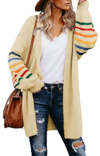 AlvaQ Women's Cardigans Long Sleeve Open Front Oversized Ladies Cardigan | Long Cardigans for Women UK,Womens Cardigan Kimono,Rainbow Striped Color Block Outwear,Knitting Jacket,Loose Fit Sweaters