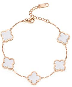 GAUEIOUR White Titanium Steel Bracelet, Simple Design Style, Delicate Four Leaf Clover Lucky Jewelry for Girls and Women (White),Rose Gold,White,15cm+6cm