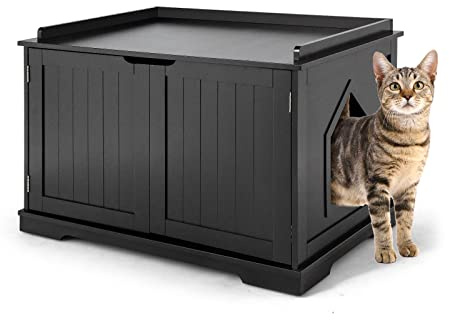 GOPLUS Katzenschrank, Katzenklo aus Holz, Katzentoilette für Indoor & Outdoor, Wasserdicht, Katzenhaus mit Eingang, für Kleintiere/Haustiere, Geräumiger Aufbewahrungsschrank (Schwarz)