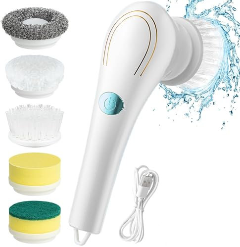 Nicoone Brosse Nettoyage Electrique,USB Rechargeable Rotative Nettoyage avec 5 Têtes de Brosse,IPX7 imperméable Electric Spin Scrubber pour Salle de Bain Cuisine Voiture