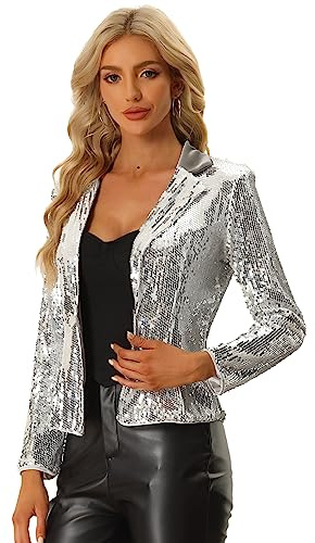 Allegra K Damen Halloween Kostüm Pailletten Blazer Paillettenjacke Kontrastkragen Glitzer Metallic Jacke Silber M