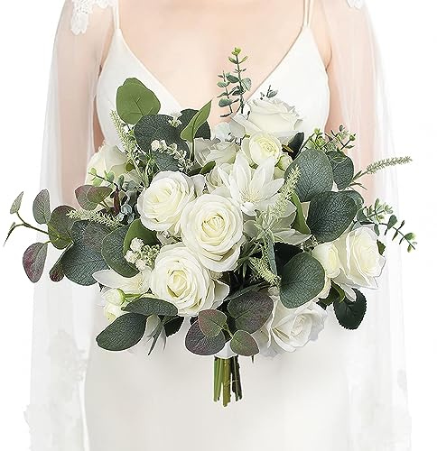 Rinlong 13.7 Inch Wedding Bouquets for Bride White Sage Green Bridal Bouquet for Wedding Artificial Flowers Silk Bouquet Ceremony