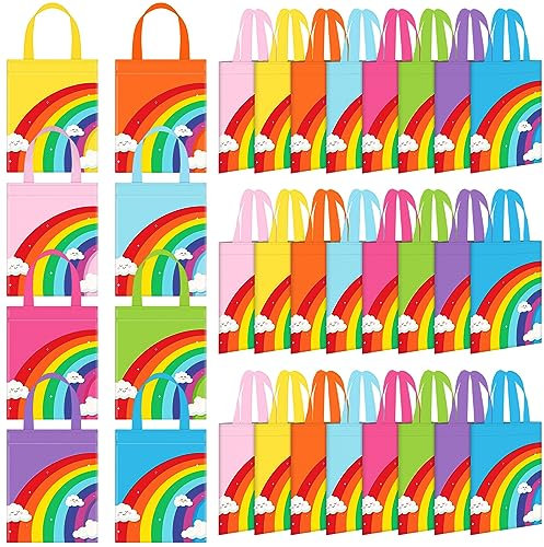Kajaia 32 Stück Regenbogen Tragetaschen Vliesstoffe Geschenktaschen Regenbogen Geschenktüten mit Griffen Regenbogen Wolke Partytüten für Regenbogen Geburtstag Babyparty Hochzeit, 8 Farben