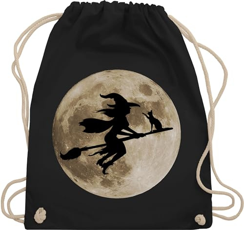 Turnbeutel Rucksack - Taschen - Hexe Halloween Hexen auf Besen Vollmond Katze Witch Mond - Unisize - Schwarz - hexentasche baumwollbeutel haloween outfits fliegende tasche halowen bild stoffbeutel