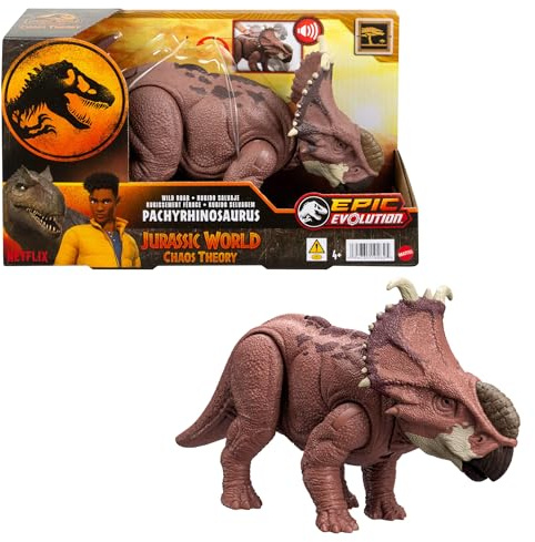 Mattel Jurassic World: Kaosteori Netflix - Wild Roar Pachyrhinosaurus-dinosauriefigur med ständig huvudrörelse och rytande ljud, ställbar leksak och digital lek, HTK72