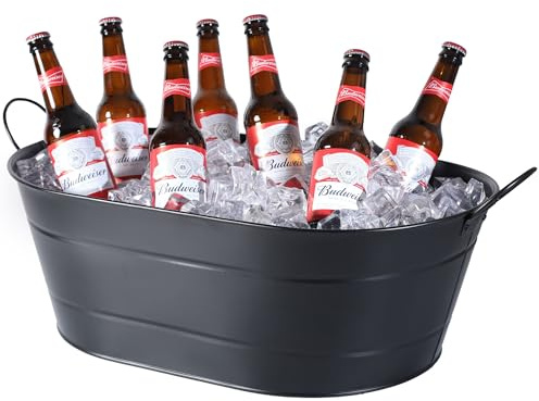 Drinkstuff Black Galvanised Steel Oval Ice Bucket – Large 25-Bottle Drinks Cooler Tub with Handles for Parties, BBQs & Outdoor Bars – Beer, Wine & Champagne Cooler for Home Entertaining