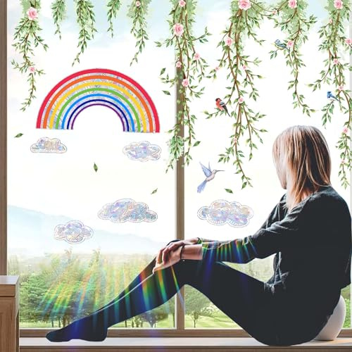 Fensterbilder Vögel Blumen, Fensteraufkleber Vogelschutz, Fensterfolie Blumen, Doppelseitig Fenstersticker, Suncatcher Sticker Fensterdeko, Fensterbild Frühling Sommer Fenstertattoo Anti-Kollision