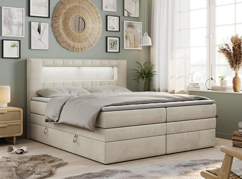 MKS MEBLE Boxspringbett 200x200 Modern Polsterbett mit LED und Kopfteil, Multipocket Matratze H4 mit Topper T25, Doppelbett mit Bettkasten Stauraumbett - GOLD-5-KING - Beige Velvet