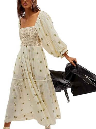 Qianderer Women's Flower Embroidered Maxi Dress Puff Sleeve Square Neck Swing Tiered Bohemian Flowy Dress Beach Long Dress