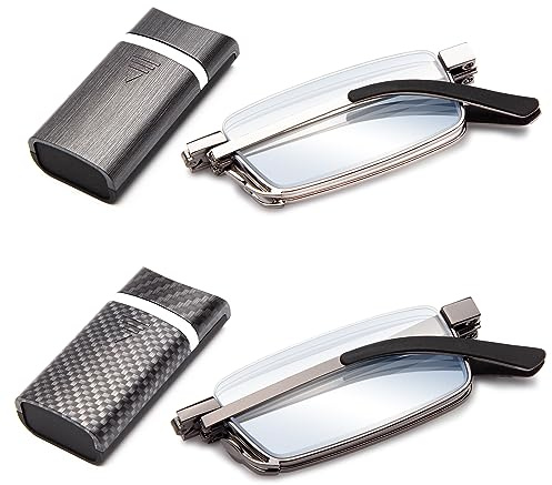 Amorays 2 Paar Faltbare metal Lesebrille Mini Tragbare Lesebrillen with Hartschalen-Etui Anti-Blaulicht für Damen und Herren 1166(Dunkelgrau+Hellgrau，+1.75
