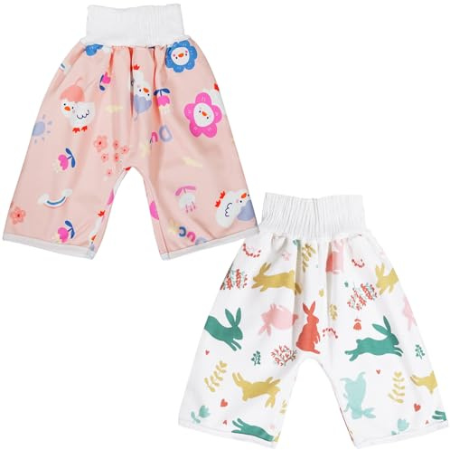 SUNDEE 2 Packs Diaper Pants Shorts for Baby Potty Training, Waterproof Absorbent Underwear for Boys Girls Toddler Infant Kids Children 0-8 Years Night Time, Reusable Washable Shorts-White+Pink