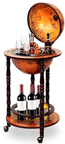 FANTASK Globus Bar Eukalyptusholz auf Rollen, Ø45 x 88 cm, Vintage rollbar Globusbar für Wein, große Weinflaschen, Gläser, Mini Barwagen mit nautischen Karten, Cocktailbar für Bartisch, Hausbar