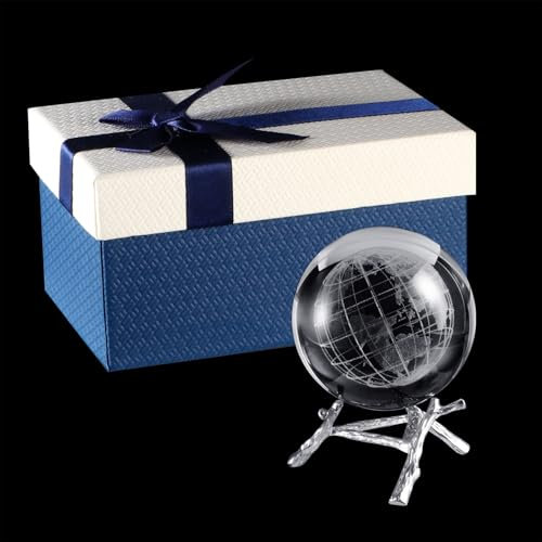 QIYILE Glaskugel Kristallkugel 3D Engraved Erde Kristallball Dekorative Kugel mit Stilvollem Metallständer Ornamente Briefbeschwerer aus Glas Fotokugel