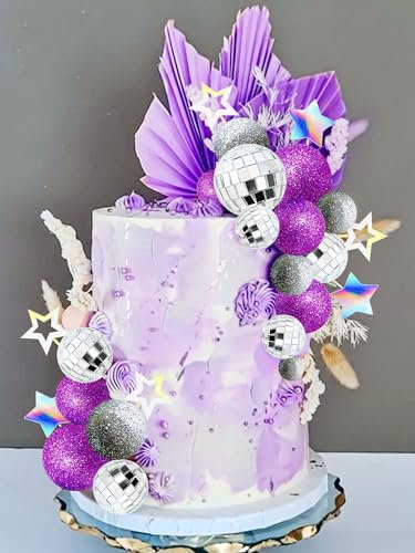 JeVenis Purple Disco Ball Cake Topper Dancing Queen Cake Topper 80s Cake Decorations Silver Cake Balls Silver Cake Decorations