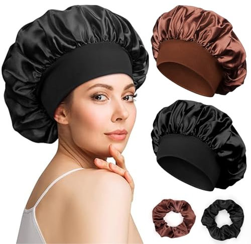 Silk Bonnet for Sleeping, Liwein 2 Pack Bonnet with Wide Elastic Band, with Two Hair Bands, Silk Satin Bonnet, Hair Bonnet for Sleeping for Curly Hair Women Girls(Black Brown)