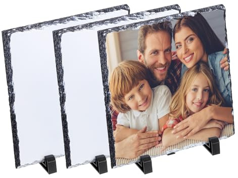 PATIKIL 7.9 x 7.9 Inch Slate Photo Frames, 3 Set Sublimation Photo Blanks, Heat Thermal Transfer Stone Slate Frames with Display Stand for DIY Souvenir Round
