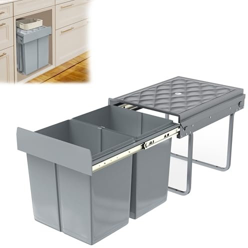 YRHome Système de tri sélectif encastrable avec 2 collecteurs de déchets amovibles - Avec rails télescopiques - Pour cuisine - Gris - 48 x 34 x 35 cm - 2 x 15 l