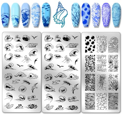 PH PandaHall 3pcs Modèles de Nail Art à Vagues 62 plaque Plaques D'Image D'Ongle en Acier Inoxydable de Vagues de L'Océan et de la Mer Plaque de Stamping Texturée de Nail pour le Design D'Ongle