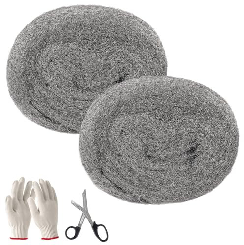 Steel Wire Wool, 2 Pack 3 Meter Wire Wool Mice, 0000 Coarse Steel Wool Mice Fill Fabric DIY Kit with Work Gloves and Scissors for Keeps Mice & Rodents Away, Polishing, Cleaning