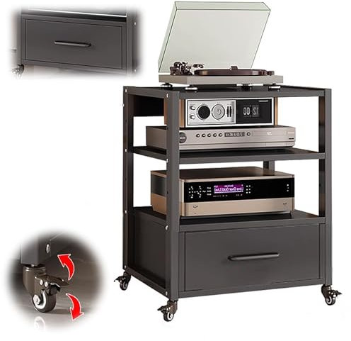 Mobile HiFi Organizer Av/Media Mobile con Cassetto, Rack Cabinet Regolabile per Componenti Stereo per Ufficio, Supporto per Torre Giradischi Nero con Ruote Bloccabili