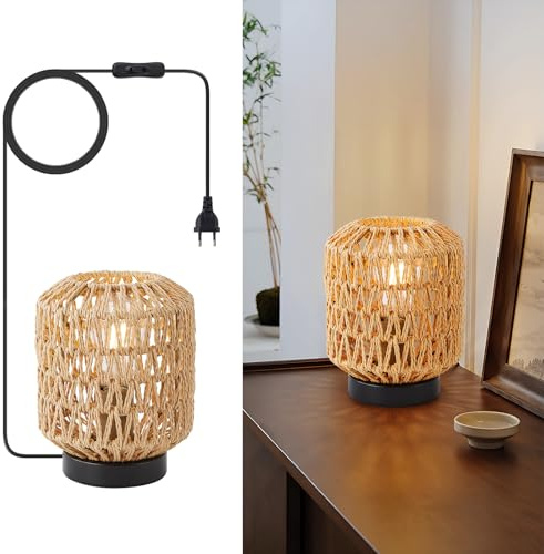 WILON Tisch Lampe, Rattan Tischlampe Kleine, Tischlampe mit Stecker, E27 | Schreibtischlampe Retro, Handgewebte Lampenschirme, Nachtlicht Lampe für Schalfzimmer Kinderzimmer, Esszimmer, Hochzeit