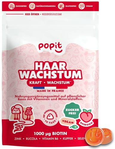 POP IT Haar Gummibärchen - Haarwachstum & Nägel - Biotin Gummibärchen mit Zink & Selen - Stärkt & reduziert Haarausfall - Vegan, Zuckerfrei, Pfirsichgeschmack - Haar Vitamine Made in France - 30 Stück