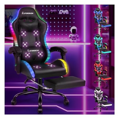 ELFORDSON LED Gaming Chair with 8-Point Massage, Ergonomic Computer Office Chairs with Headrest, Lumbar Cushion, Footrest, RGB Light, High Back 150° Reclining, 360° Swivel, PU Leather, Black