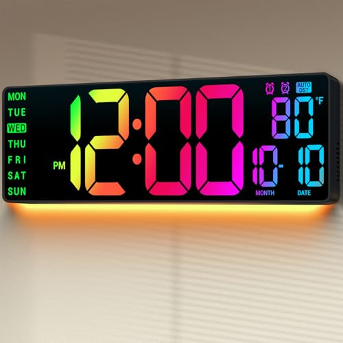 ANSOPER 16.5 Large Digital Wall Clock: 11 RGB Color LED Display with Remote Control, Auto DST, Temperature & Date, Big Number Wall Clock for Seniors, Classroom, Office, Gym, Home Decor Black