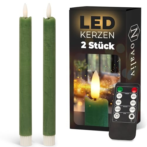 Novaliv Stabkerzen LED mit Timer Grün 2er Indoor mit 6 Stunden Timer - ECHTWACHS 23cm Höhe für Kerzen 2,2cm Durchmesser 2 AAA Batterien notwendig LED Stabkerzen flackernde Flamme bewegliche Flamme