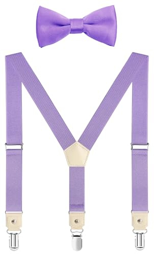JRHEJTFZ Kids Suspenders and Bow Tie Set for Boys Adjustable with 3 Strong Metal Clips Light Purple 30