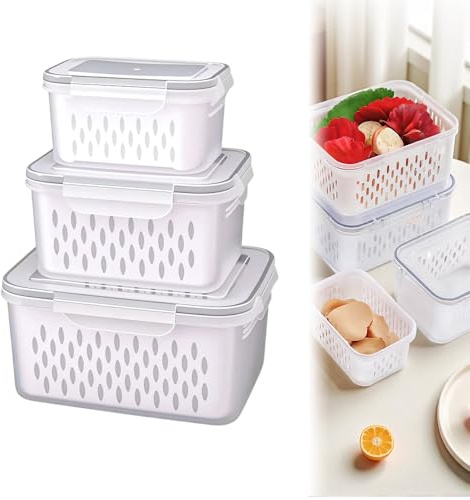 Fruit Storage Containers for Fridge,Transparent Plastic Food Storage Box for Stainers Berry Vegetables,3 Pcs Leak Proof Removable Colander Breathable Multifunctional Basin (Grey Set)