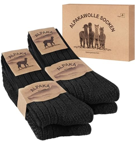 SukModen 4 paia di calze alpaca per uomo e donna, calze norvegesi morbide, calzini lana calde, termiche traspiranti, calzini invernali spesse neri S
