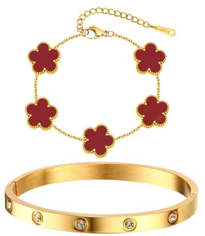 AOWVUTS 2 Stück Kleeblatt Armband Damen 18K Vergoldet Vierblättriges Kleeblatt Armbander Liebe Freundschaft Armband Zirkonia Armreif Edelstahl Verstellbare Armbander Set Geschenk für Frauen