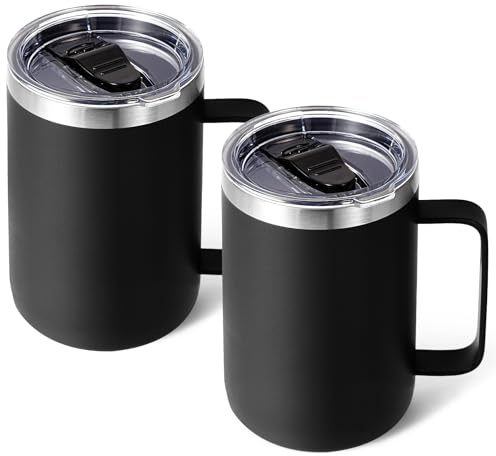 Volhoply 470 ml (16 oz) isolerad kaffemugg med lock och sugrör, rostfritt stål resemuggar med handtag, dubbelvägg vakuum läckagesäker kaffe tumbler kopp (svart, 2)