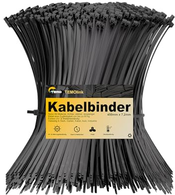 Temolink 100 bridas negras de 450 x 7,2 mm, resistentes a los rayos UV, 65 kg de resistencia a la tracción, autoblocantes, resistentes a la intemperie, para gestión de cables, jardín, oficina y taller
