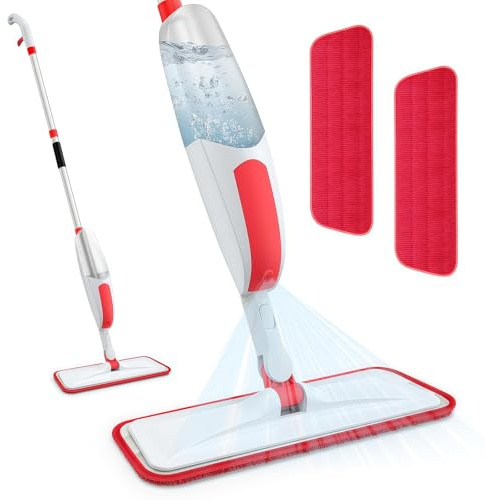 Microfibre Spray Buckets Mop for Cleaning Floors, 2 Reusable Mops Washable Pads, 360° Swivel Head Ensure Hygiene has No Blind Spots, Suitable for All Floor ( Red )
