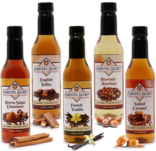 Barista's Secret® Coffee Syrups Variety Pack – Gourmet Flavored Syrup Set for Coffee, Drinks & Desserts – French Vanilla, Caramel, Hazelnut, Toffee, Brown Sugar Cinnamon – 5 Pack, 12.7 oz Each