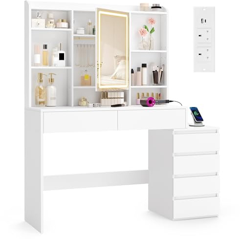 VASAGLE Sminkbord med LED-spegel, justerbar ljusstyrka, flera uttag, sminkbord, 40 x 118,3 x 145 cm, öppna fack, justerbara hyllor, modern, molnvit, Kailyn RDT644WB01