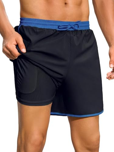 INCERUN Mens Swim Trunks with Compression Liner Swimsuits Board Shorts 5.5 Retro Quick Dry Swim Shorts with Zipper Pockets Navy Blue Large