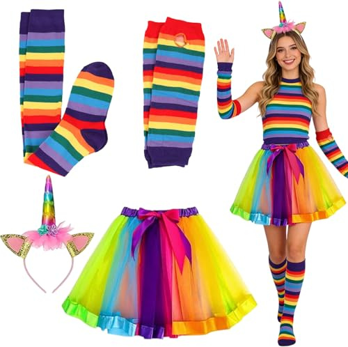 Ajuanbazha Costume D'arc-En-Ciel Pour Femme, Deguisement Femme Carnaval, Costume de licorne Adulte avec Tête Licorne Colorées, Jupe Tutu Arc-En-Ciel, Gants, Chaussettes pour Carnaval, Cosplay