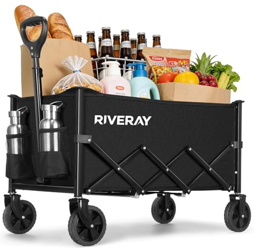 RIVERAY Carro Plegable con Ruedas, Capacidad 120L/120KG, Mango Ajustable y Ruedas Desmontables, Carrito Transporte Todoterreno para Camping, Compra o Jardín