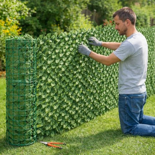 Siepe Finta Artificiale con Foglie Copri Ringhiera Verde Recinzione Edera Giardino Frangivento Ornamentale Siepe Sintetica Balcone Rotolo (200x300 cm)