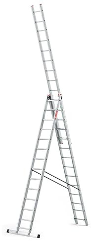BAULICH - Multifunktionsstege - Aluminiumstege - 3-I-1 Anläggningsstege, Stativstege, Trappstege - 14 Steg - Tredelad, Professionell, för Hus-, Renoverings- och Byggarbeten, med Stabilisator, Silver