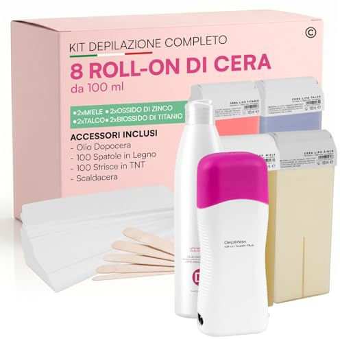 Ceretta, Scaldacera Rullo, Olio Dopocera, Spatole, Strisce Kit Depilazione | Cera Roll-On al Miele, Talco, Ossido Zinco, Biossido Titanio