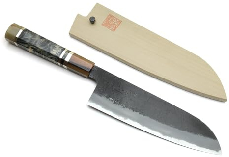 Yoshihiro Hayate Hinoura Kurouchi Black-Forged Blue Steel Stainless Clad Santoku Multipurpose Knife (7 (180mm) & Saya)